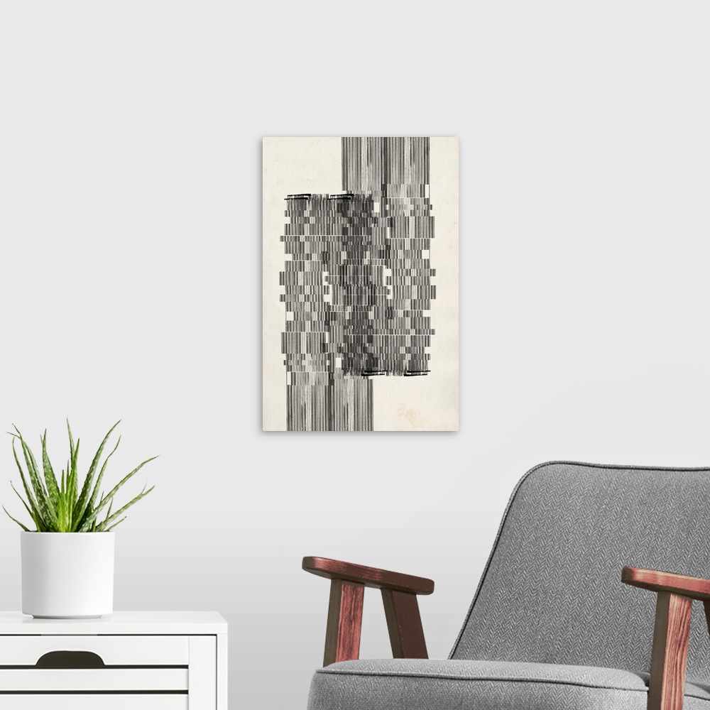 A modern room featuring Contemporary abstract art using thin lines compiled in staggered formation.