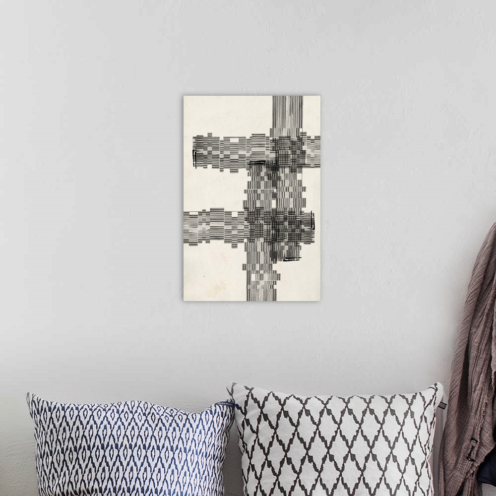 A bohemian room featuring Contemporary abstract art using thin lines compiled in staggered formation.