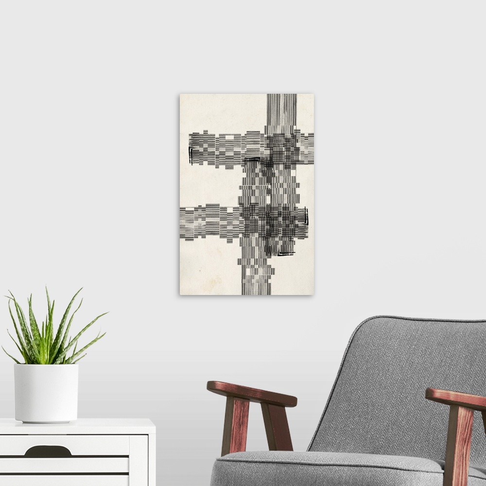 A modern room featuring Contemporary abstract art using thin lines compiled in staggered formation.