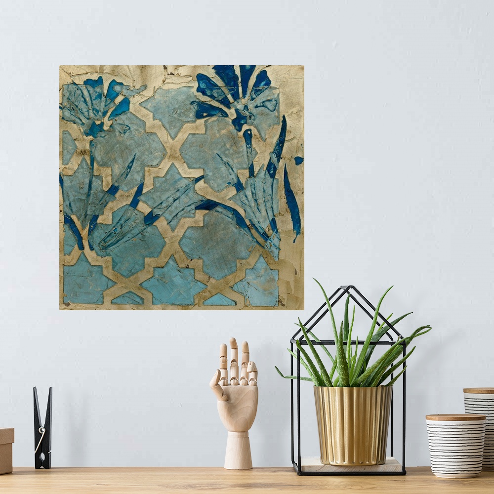 A bohemian room featuring Square home art docor on a large wall hanging of floral shapes that are nearly pieced together, r...