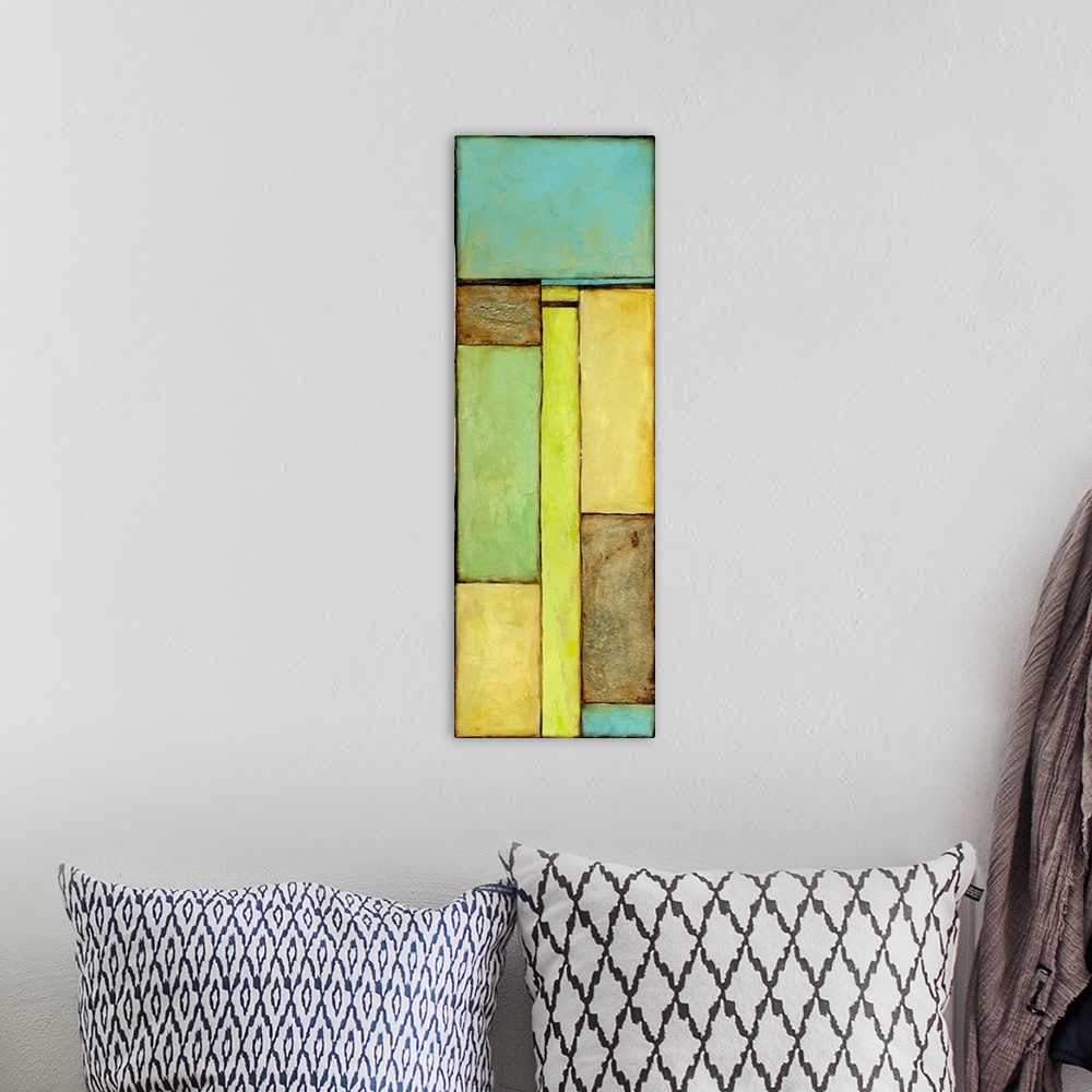 A bohemian room featuring Contemporary abstract painting using geometric shapes in pale green and blue.