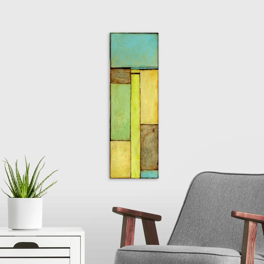 A modern room featuring Contemporary abstract painting using geometric shapes in pale green and blue.