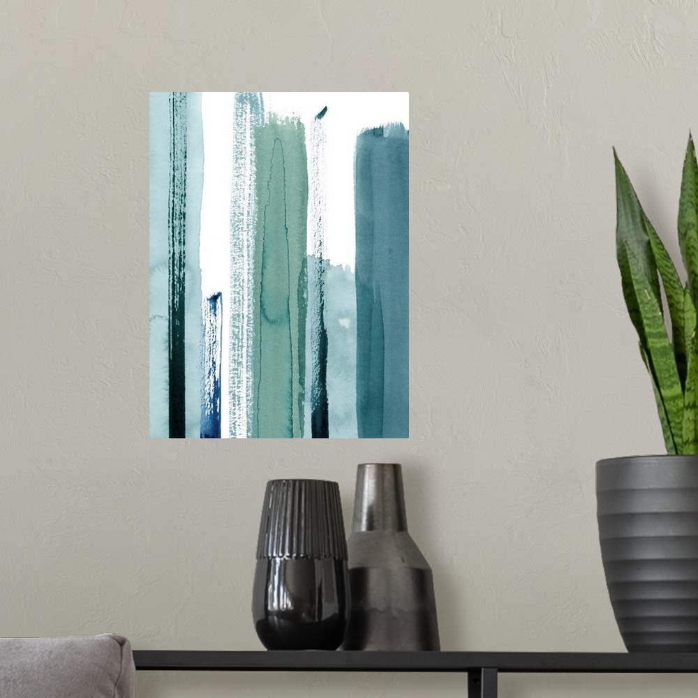 A modern room featuring Contemporary abstract painting of watercolor brush strokes in various shades of blue.