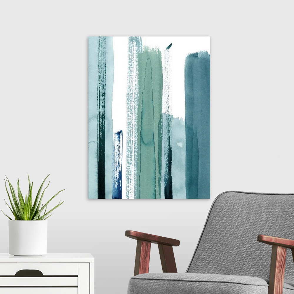 A modern room featuring Contemporary abstract painting of watercolor brush strokes in various shades of blue.