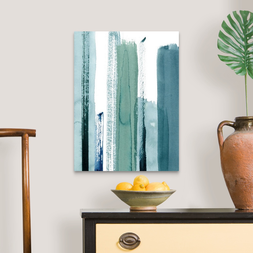 A traditional room featuring Contemporary abstract painting of watercolor brush strokes in various shades of blue.