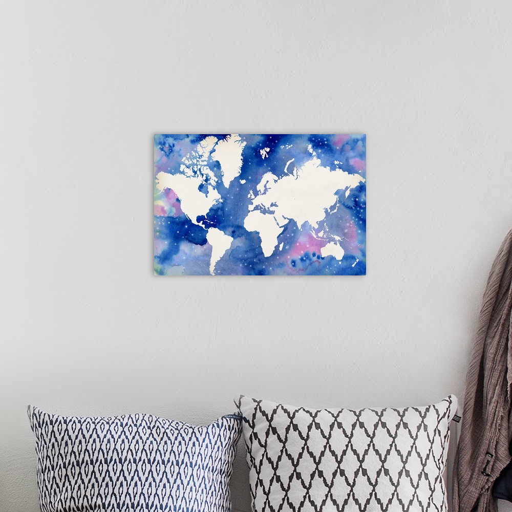 A bohemian room featuring The sea in this world map resembles a starry night sky and is filled with watercolor droplets in ...