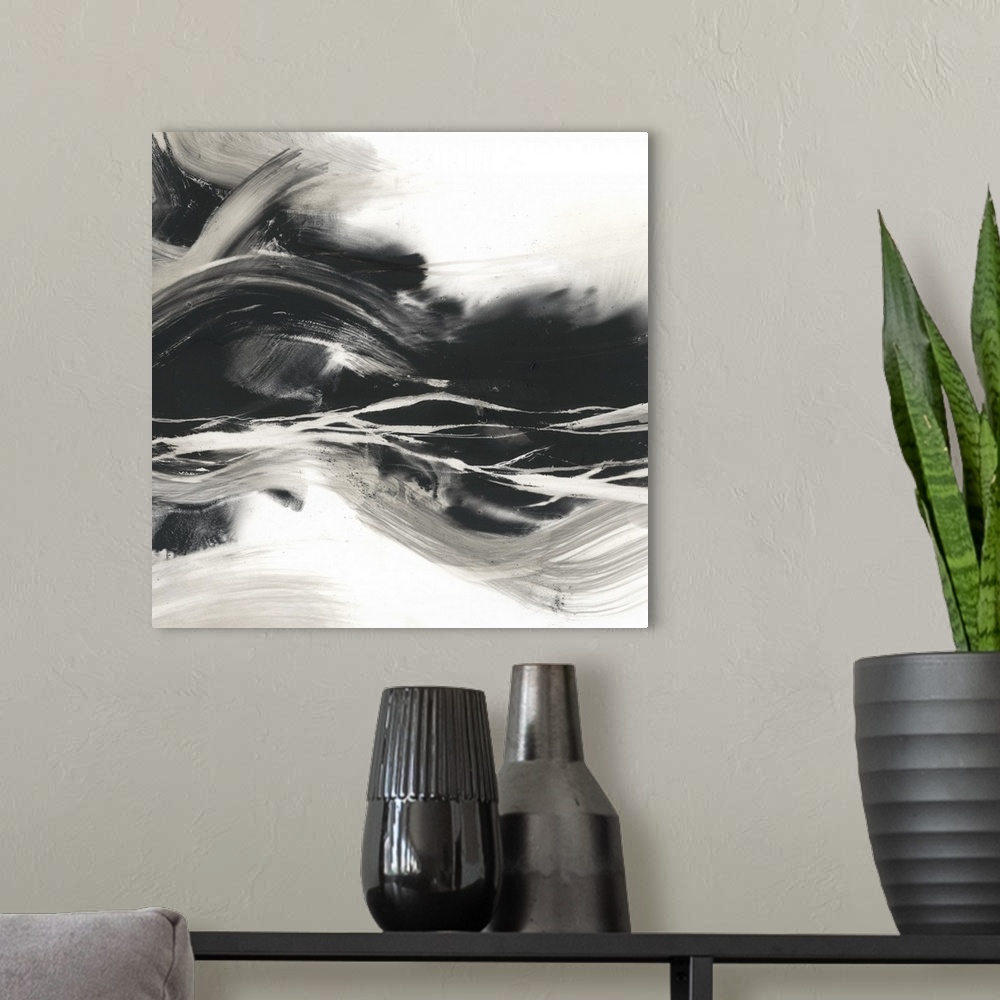 A modern room featuring Sweeping horizontal black brush strokes fills this contemporary painting with stirring energy.