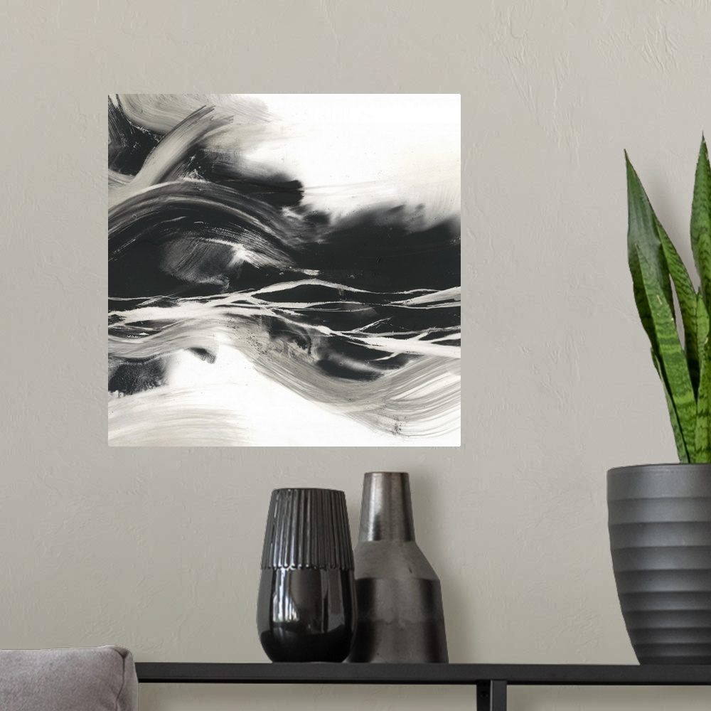 A modern room featuring Sweeping horizontal black brush strokes fills this contemporary painting with stirring energy.