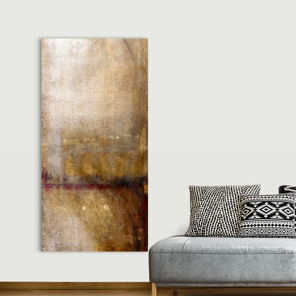 A bohemian room featuring Abstract grunge painting in neutral tones with a variety of textures and brushstrokes.