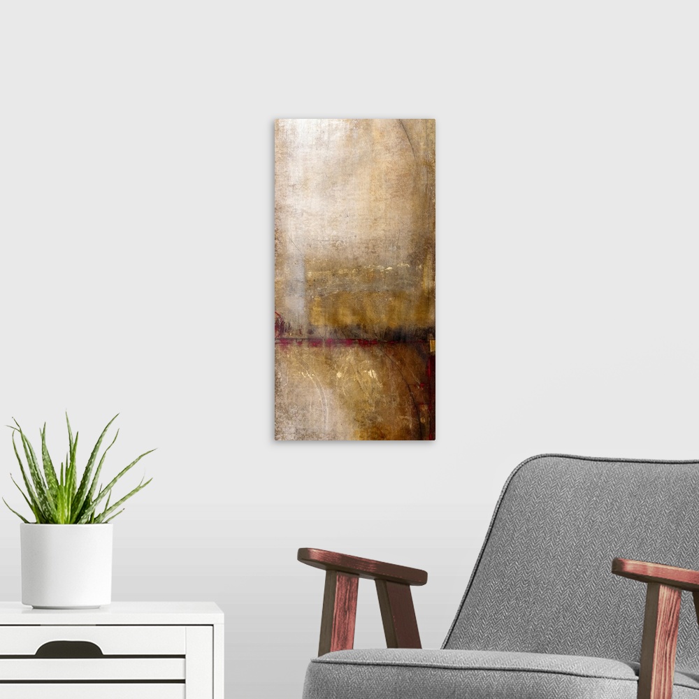 A modern room featuring Abstract grunge painting in neutral tones with a variety of textures and brushstrokes.