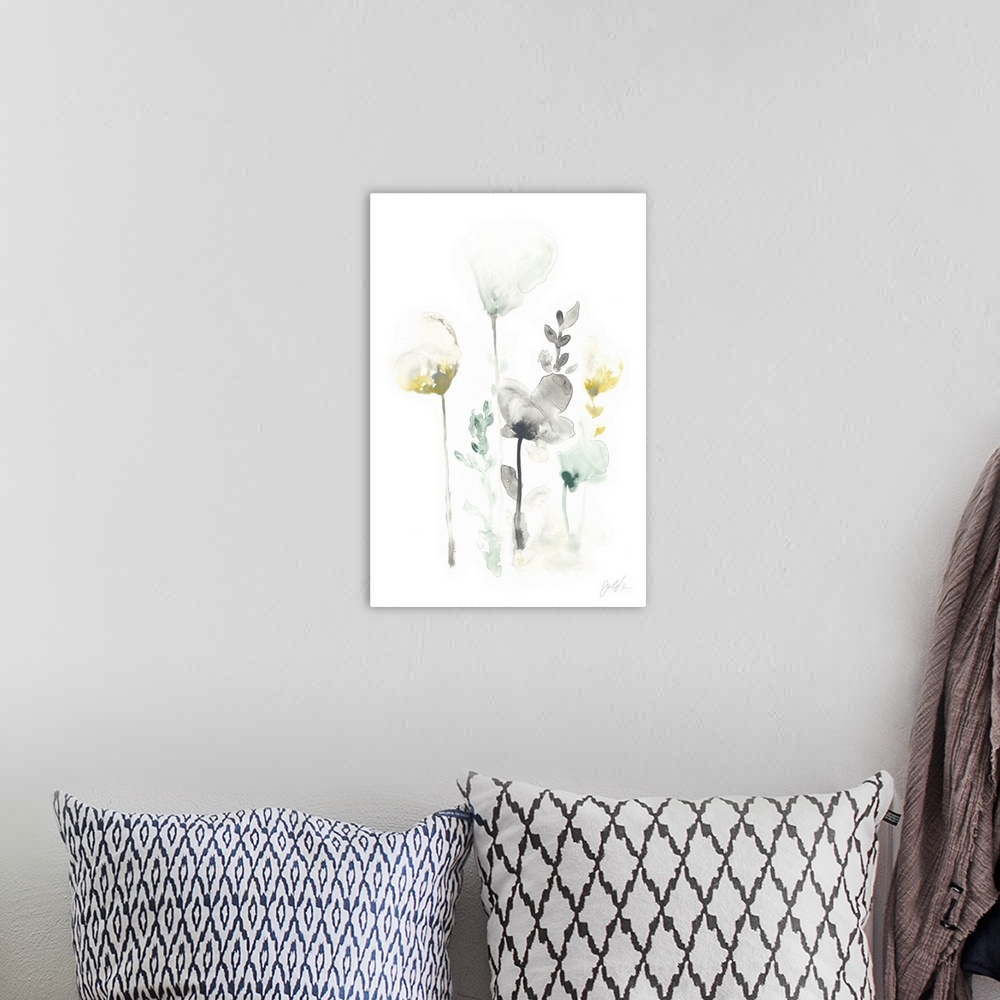A bohemian room featuring Watercolor artwork of pastel flowers on a white background.