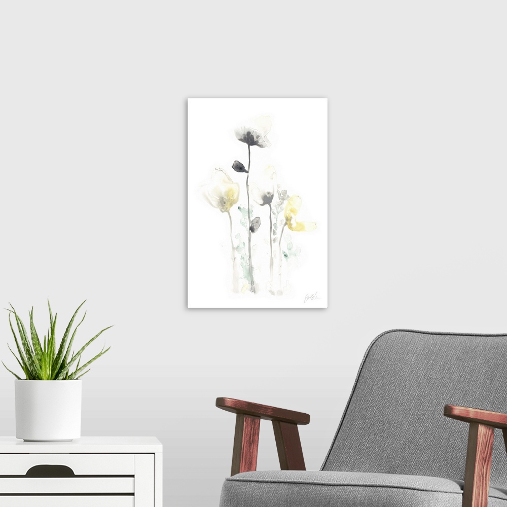 A modern room featuring Watercolor artwork of pastel flowers on a white background.
