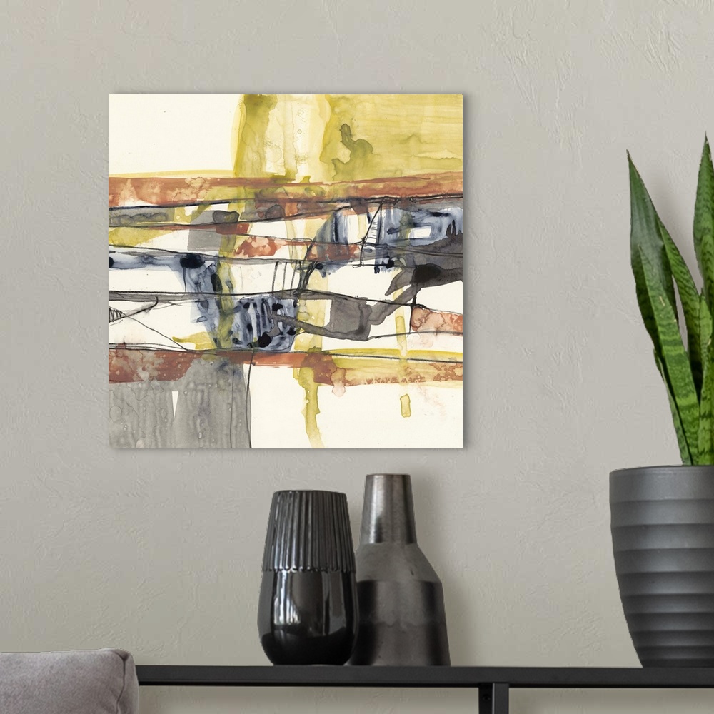 A modern room featuring Abstract painting of intersecting lines and shapes in greys, orange, and yellow.