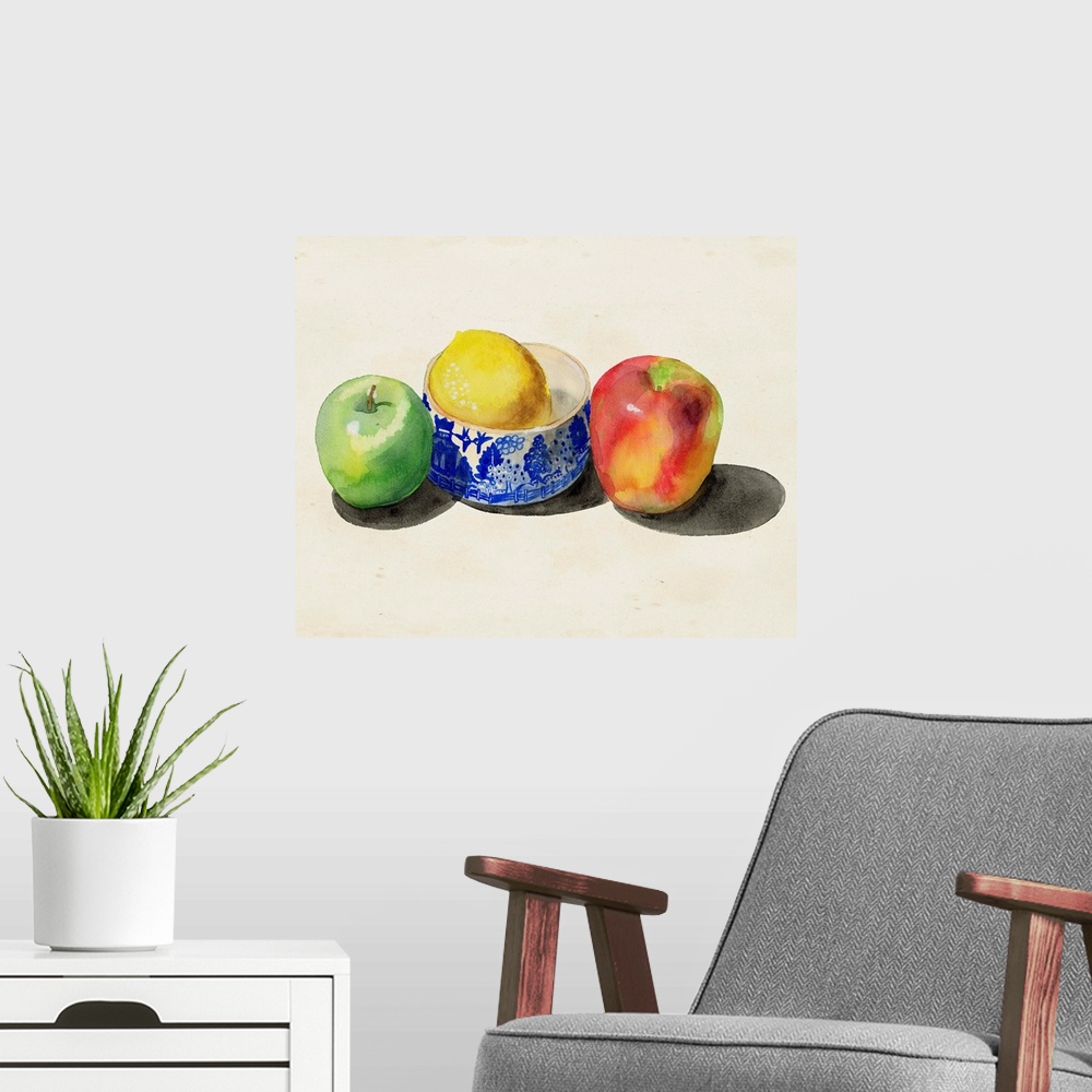 A modern room featuring Still Life with Apples and Lemon I