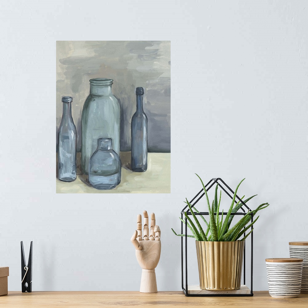 A bohemian room featuring Contemporary still life painting of a group of glass bottles in different sizes against a neutral...