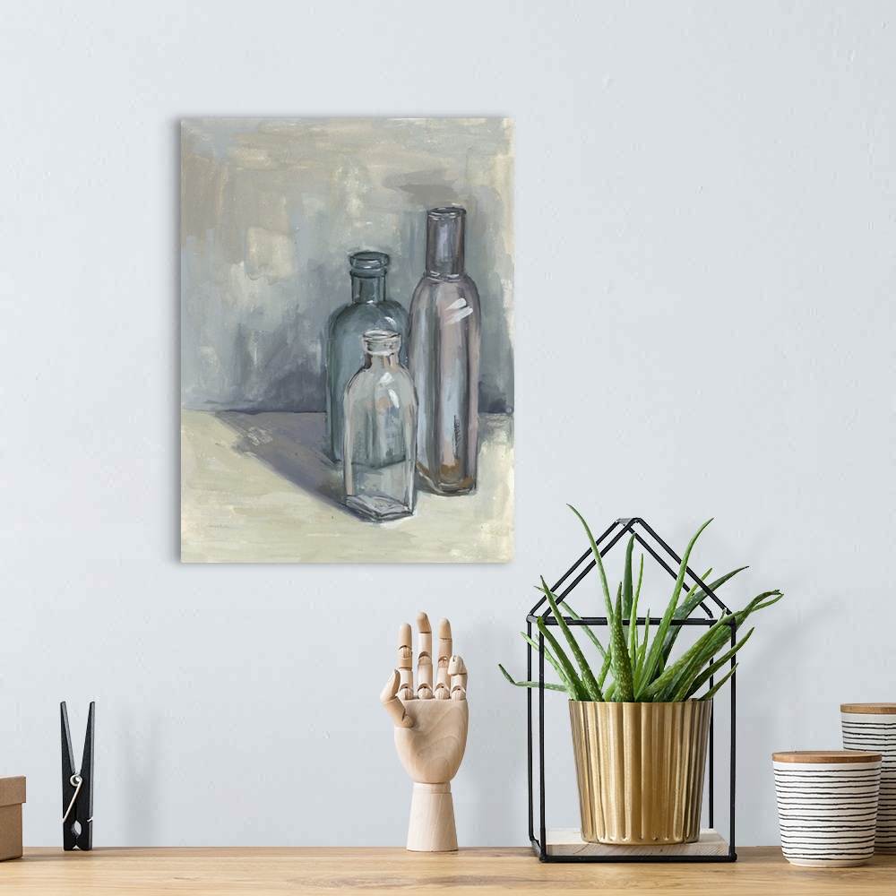 A bohemian room featuring Contemporary still life painting of a group of glass bottles in different sizes against a neutral...