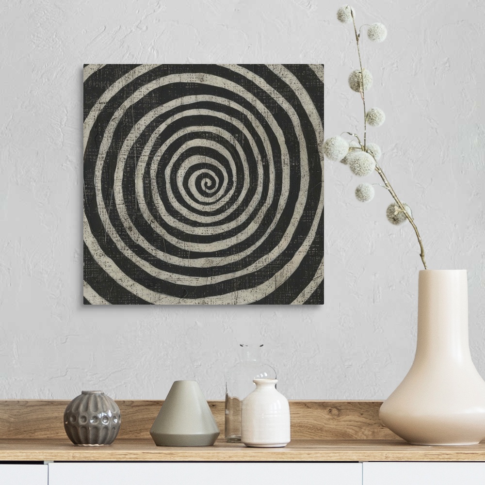 A farmhouse room featuring This decorative artwork features a black and white pattern in a hand painted style with a distres...