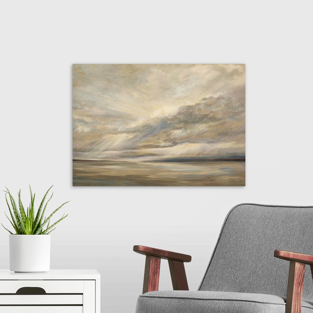 A modern room featuring Landscape painting of storm clouds over the ocean, in earthy brown tones.