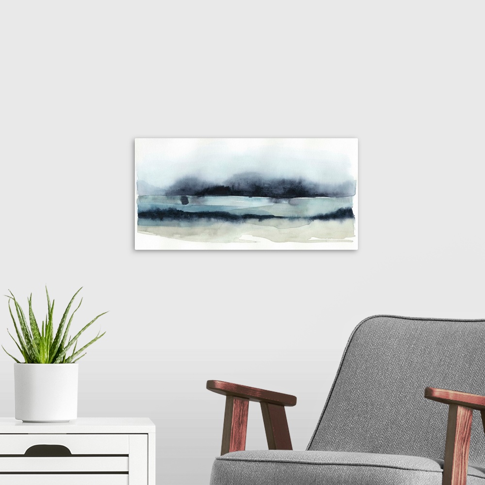A modern room featuring Abstract artwork in dark navy and pale beige, reminiscent of dark storm clouds over the coast.