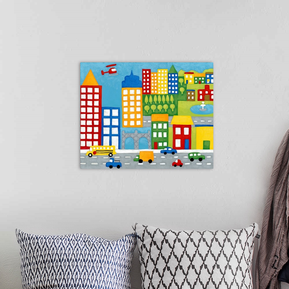 A bohemian room featuring Artwork perfect for a child's room of colorful buildings that has a street in front with cars and...