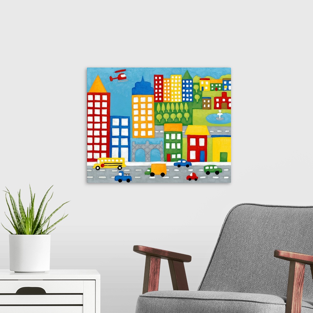 A modern room featuring Artwork perfect for a child's room of colorful buildings that has a street in front with cars and...