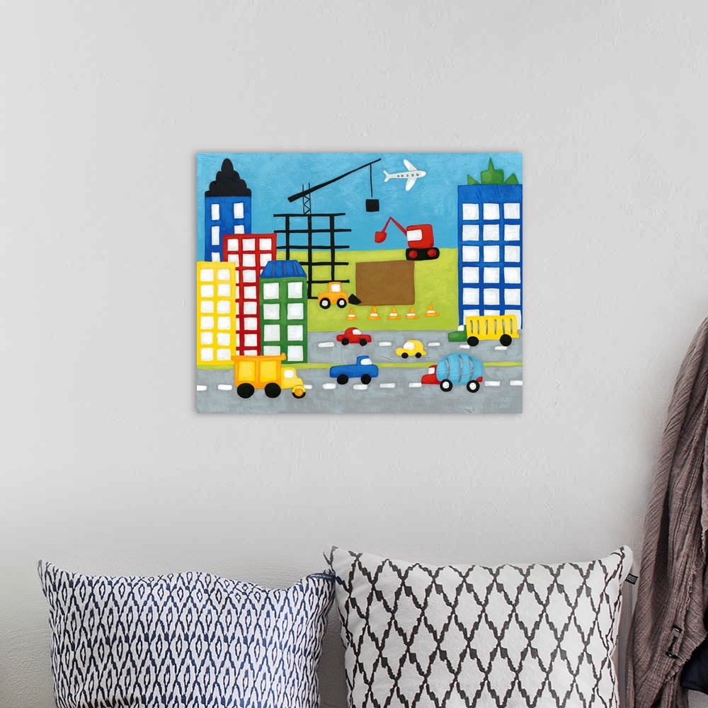 A bohemian room featuring Colorful children's artwork of street with cars lined with tall buildings with crane and construc...