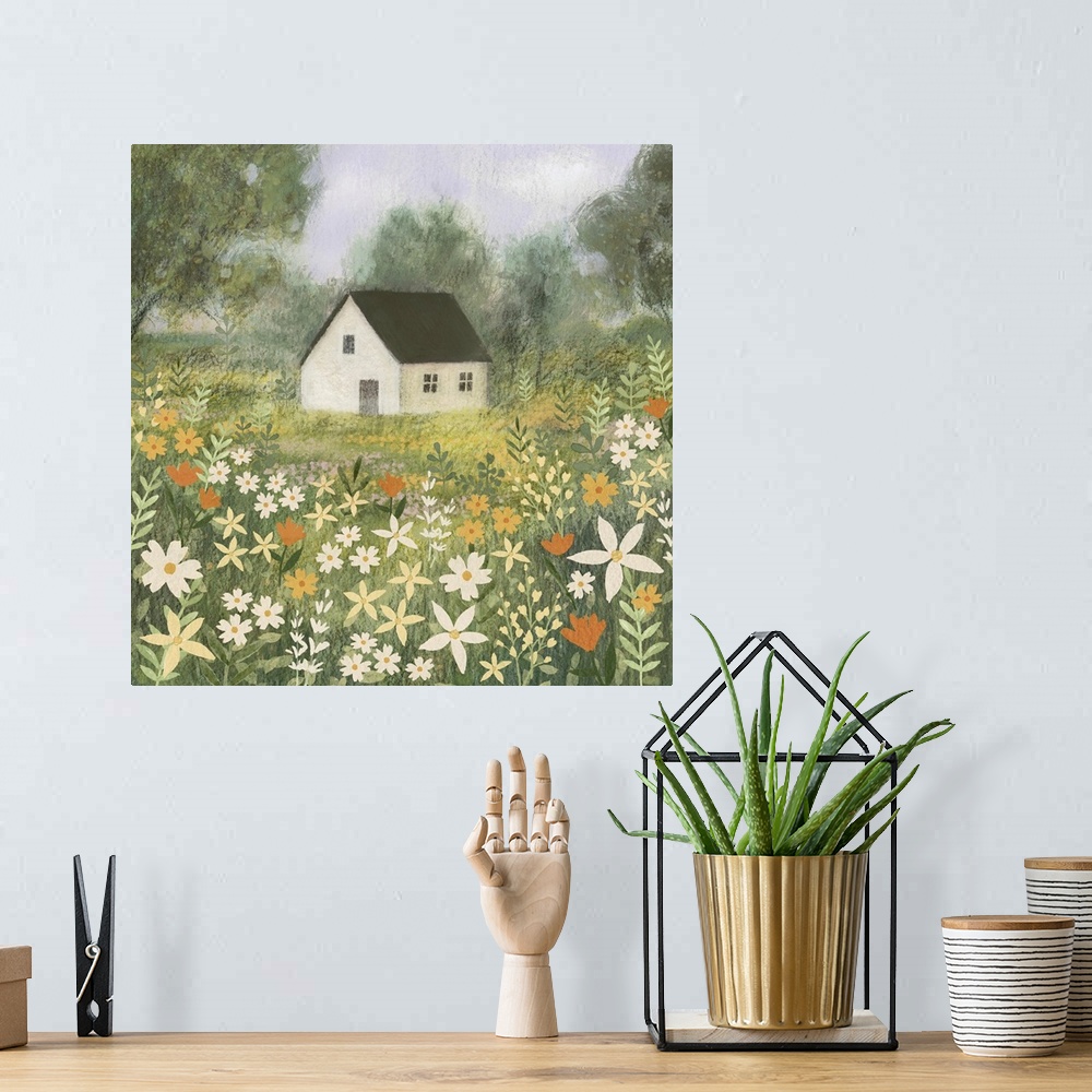 A bohemian room featuring A sweet little illustration of a small white house sitting in a meadow of wildflowers in shades o...