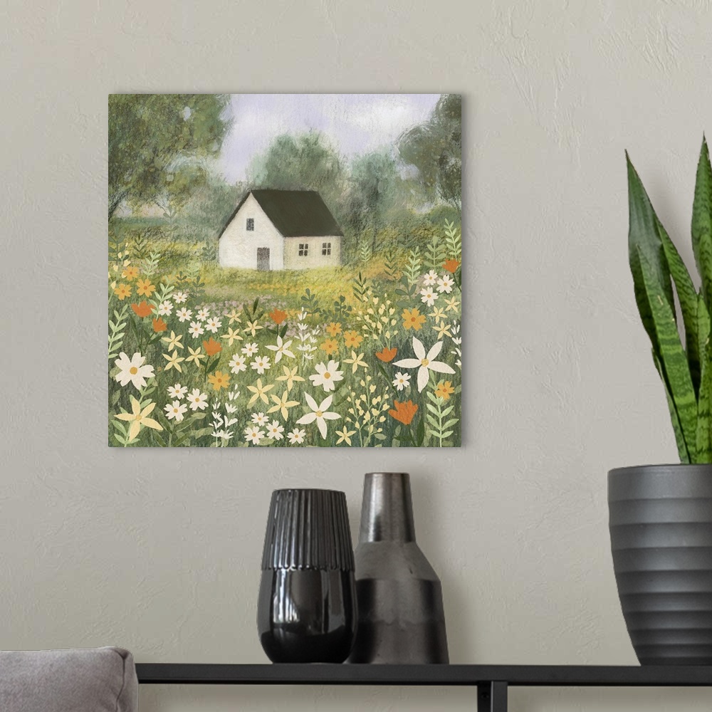 A modern room featuring A sweet little illustration of a small white house sitting in a meadow of wildflowers in shades o...