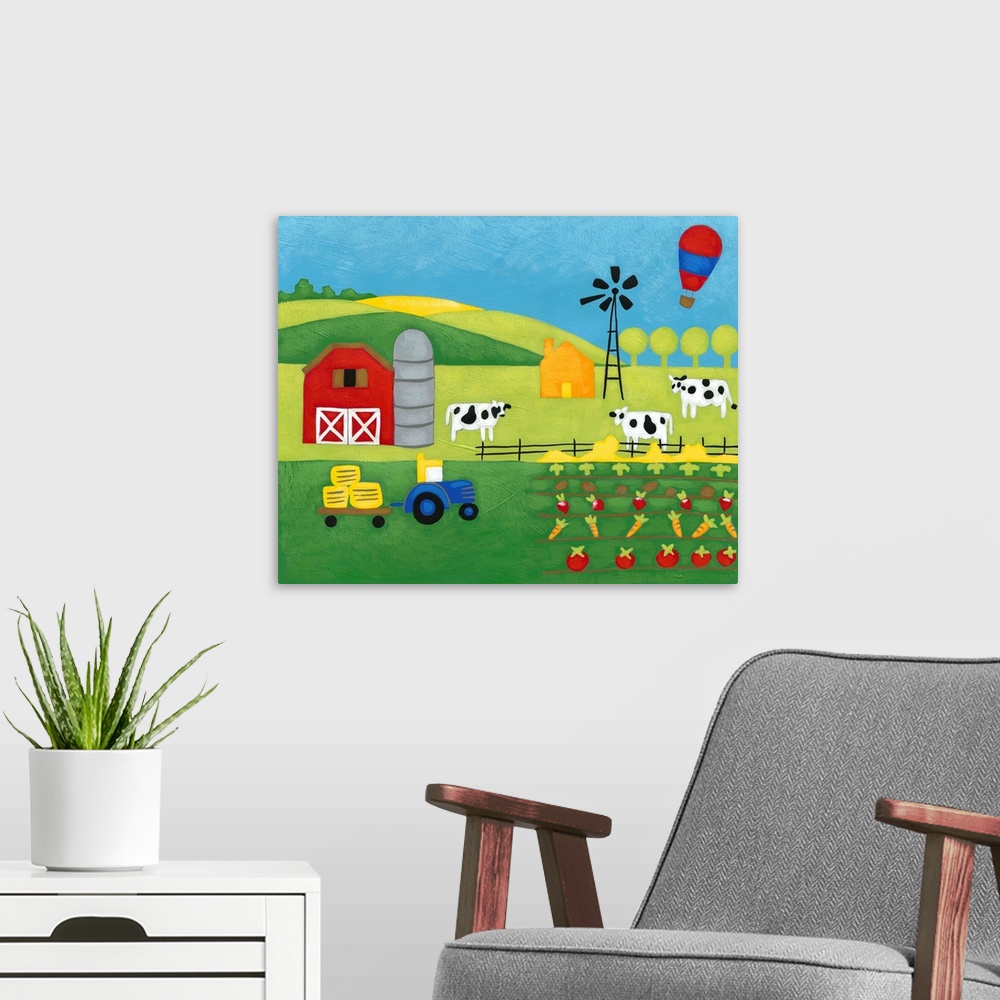 A modern room featuring Children's artwork of a ranch scene with a barn, tractor, cows, windmill, and garden with rolling...