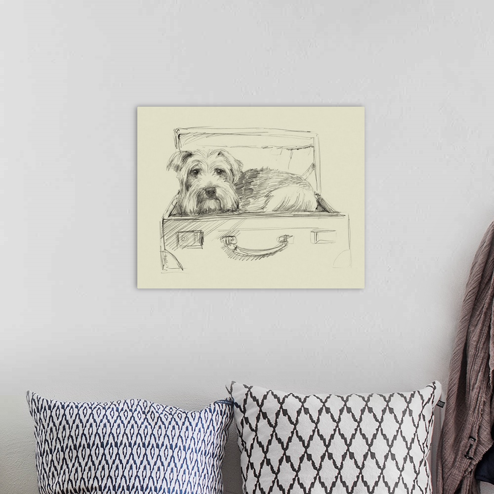 A bohemian room featuring Sketch style illustration of a dog laying in an open suitcase.