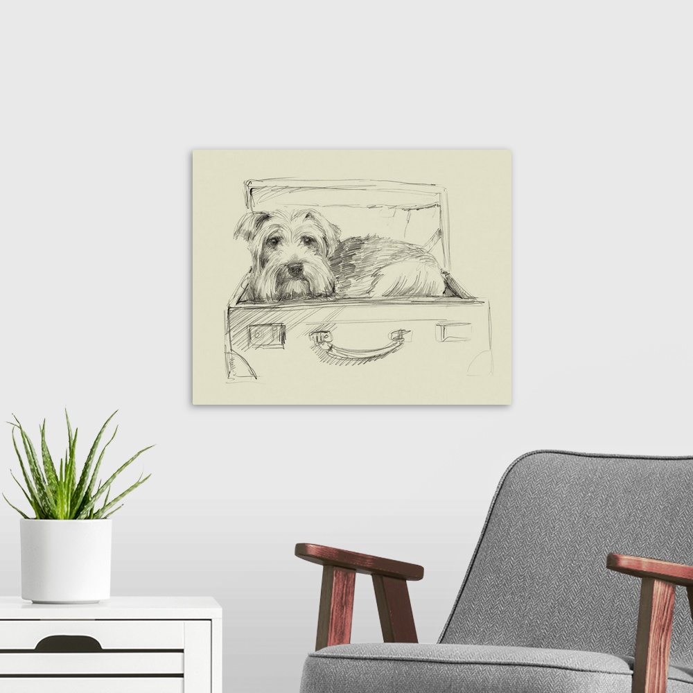 A modern room featuring Sketch style illustration of a dog laying in an open suitcase.