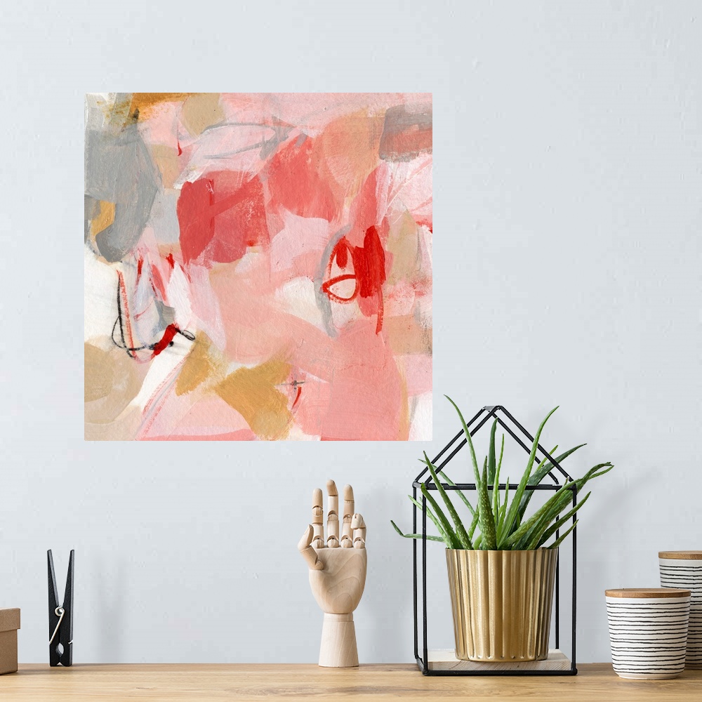 A bohemian room featuring Contemporary abstract painting using pink tones.