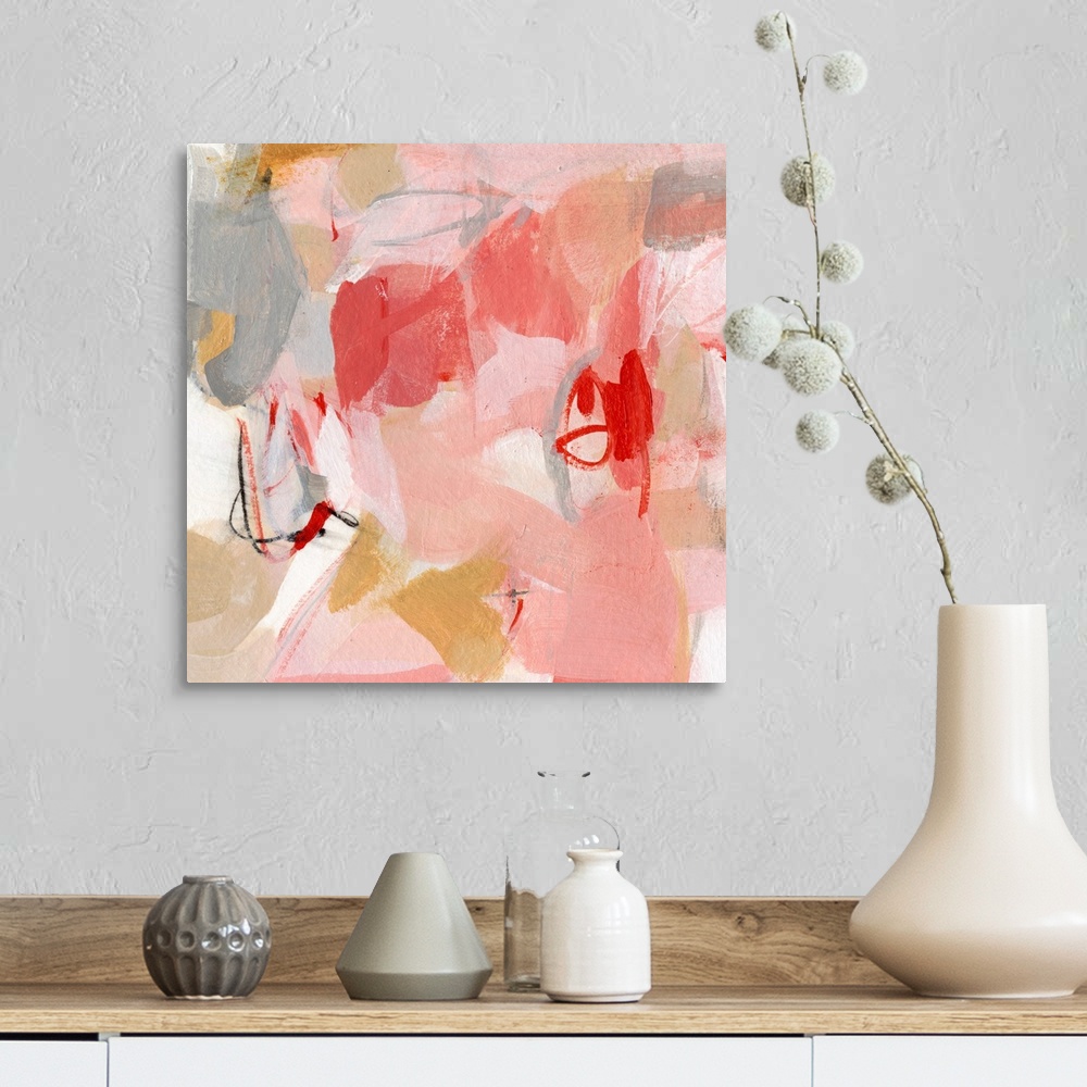 A farmhouse room featuring Contemporary abstract painting using pink tones.