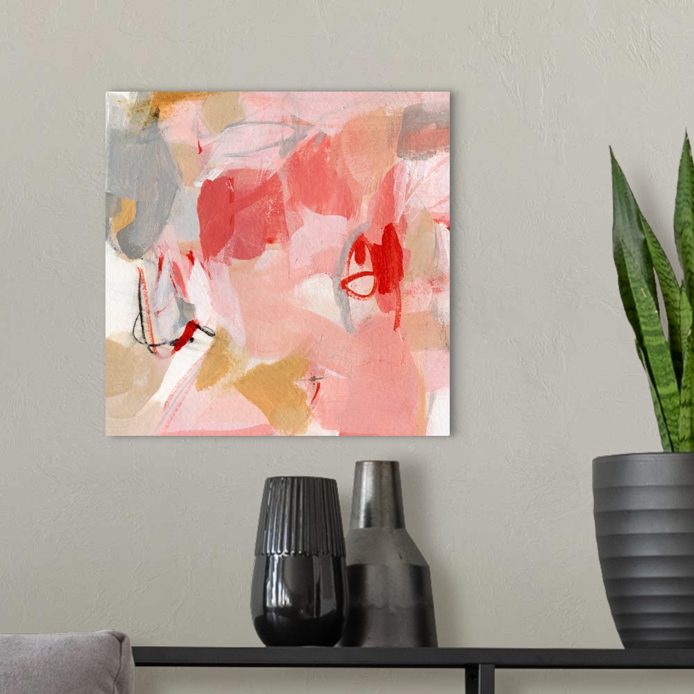A modern room featuring Contemporary abstract painting using pink tones.