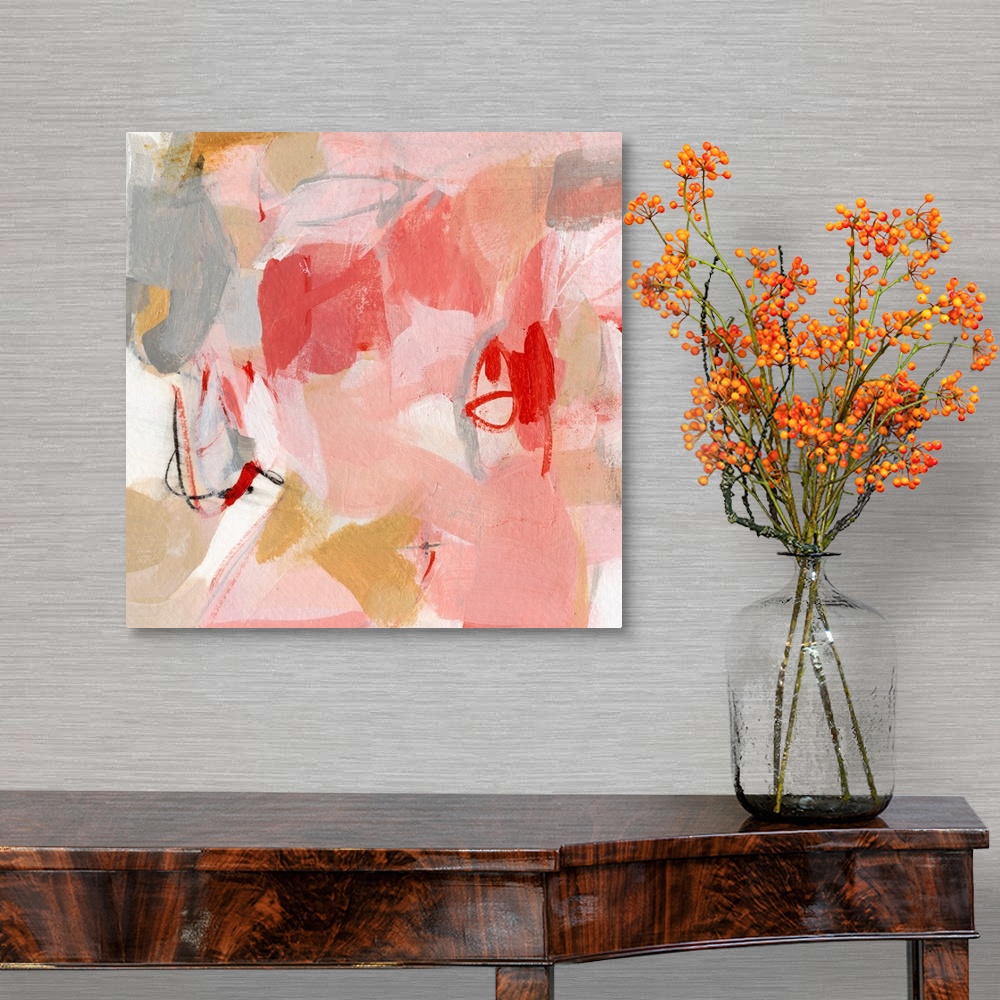 A traditional room featuring Contemporary abstract painting using pink tones.