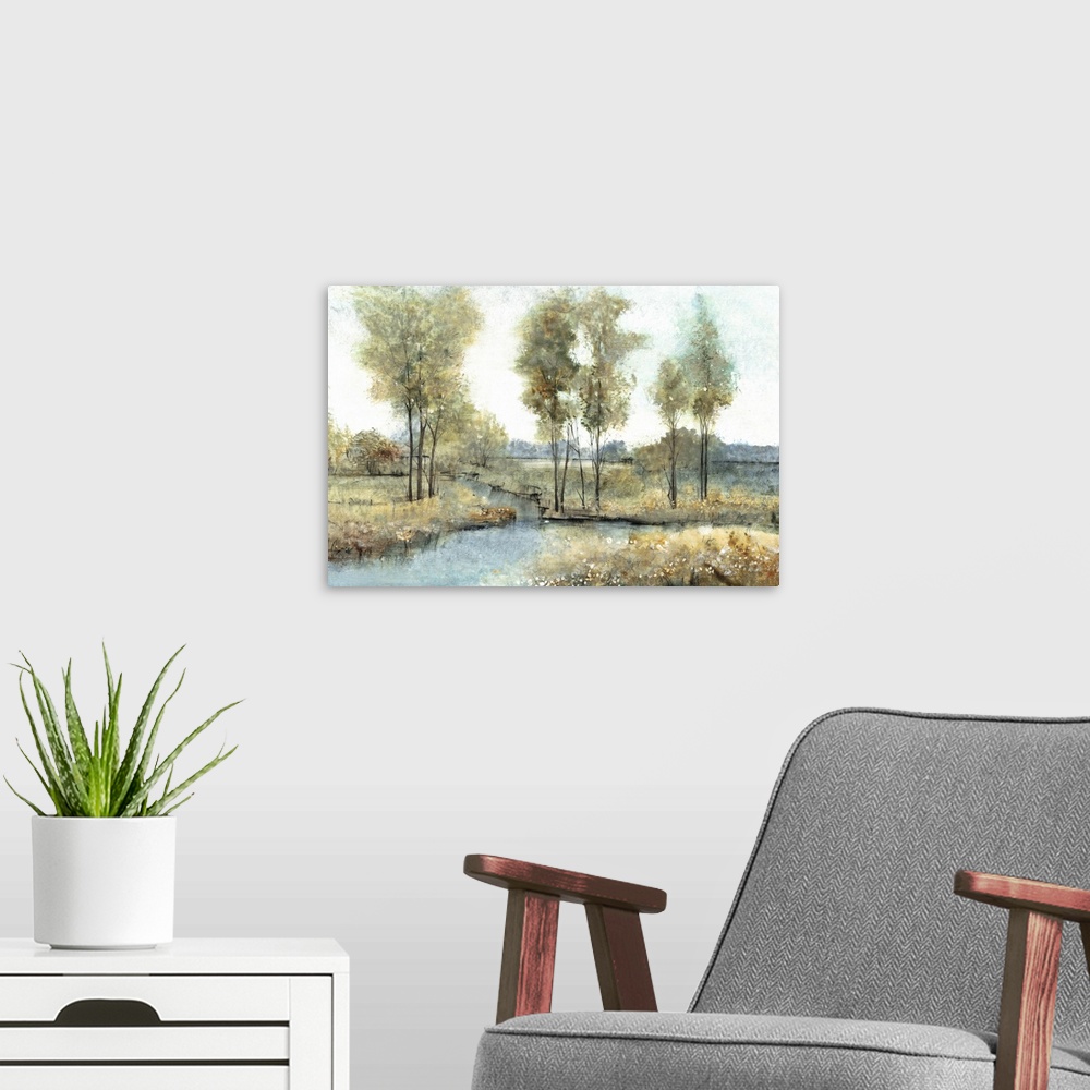 A modern room featuring Contemporary painting of trees in a meadow by a stream.
