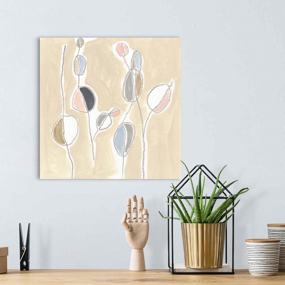 A bohemian room featuring Abstract floral artwork with round flowers on simple stems in pale pink and grey.