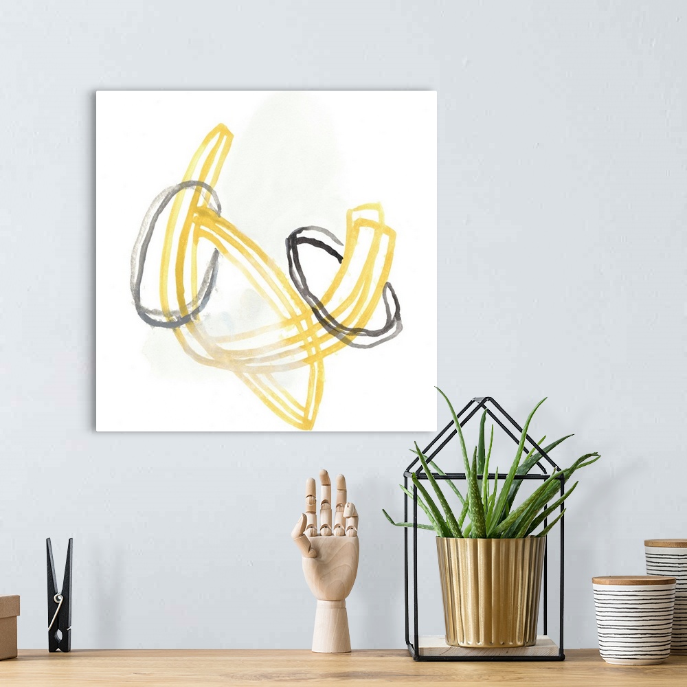 A bohemian room featuring Abstract gestural artwork of yellow and grey lines swirling and intertwining.