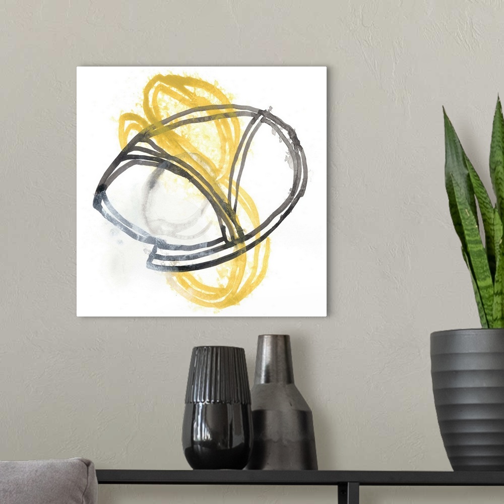 A modern room featuring Abstract gestural artwork of yellow and grey lines swirling and intertwining.