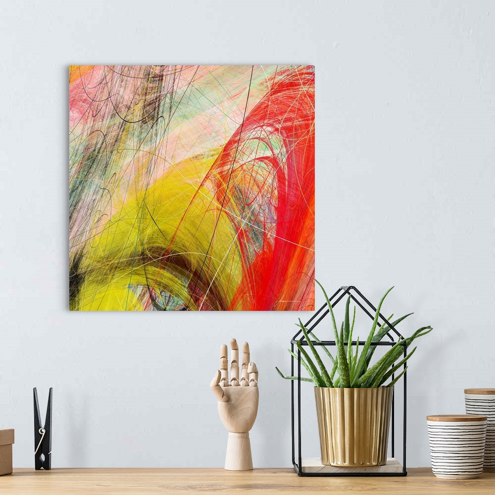 A bohemian room featuring Contemporary abstract artwork made of several thin lines and bright colors.