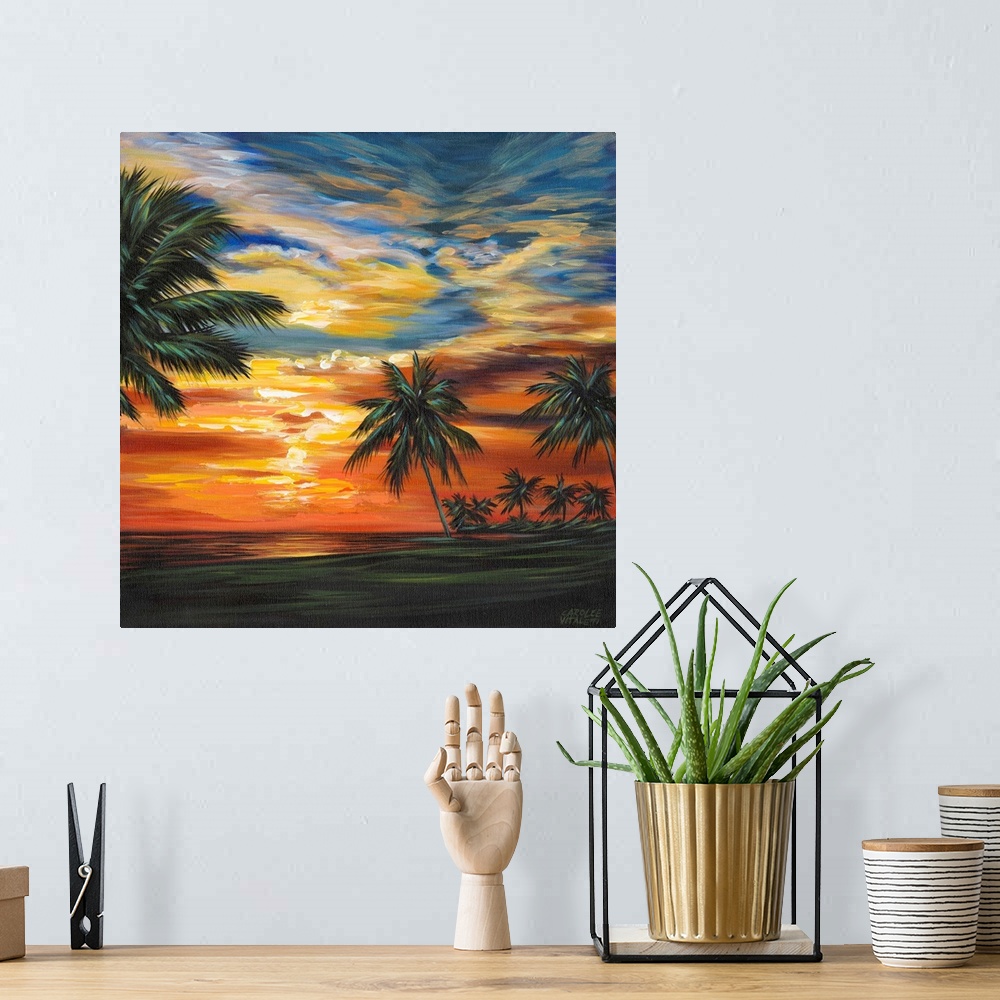A bohemian room featuring Contemporary painting of a vibrant, colorful sunset over a tropical beach surrounded by palm trees.