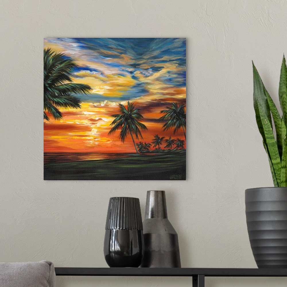 A modern room featuring Contemporary painting of a vibrant, colorful sunset over a tropical beach surrounded by palm trees.