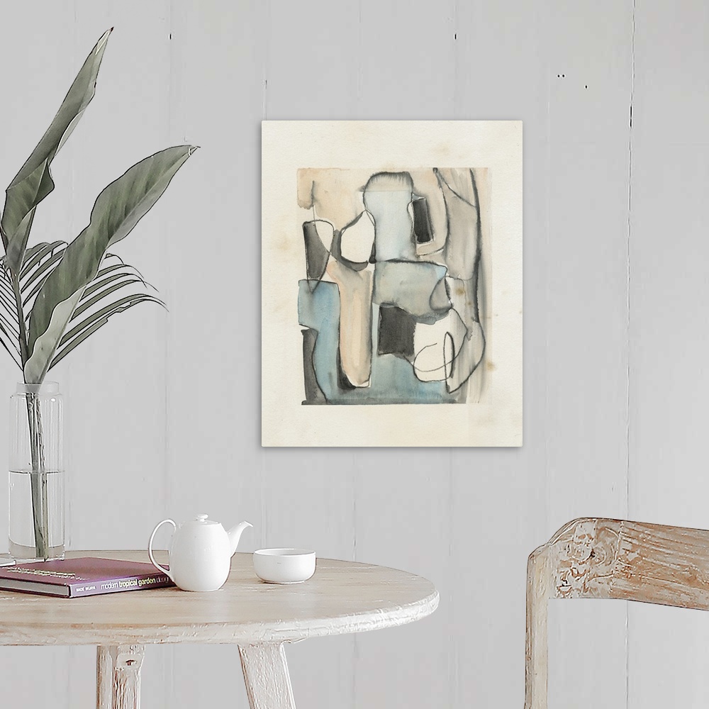 A farmhouse room featuring A subdue abstract watercolor of black outlined curved shapes in muted colors on a cream background.