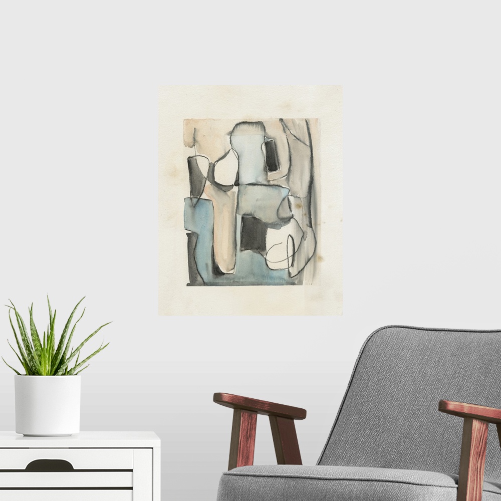 A modern room featuring A subdue abstract watercolor of black outlined curved shapes in muted colors on a cream background.