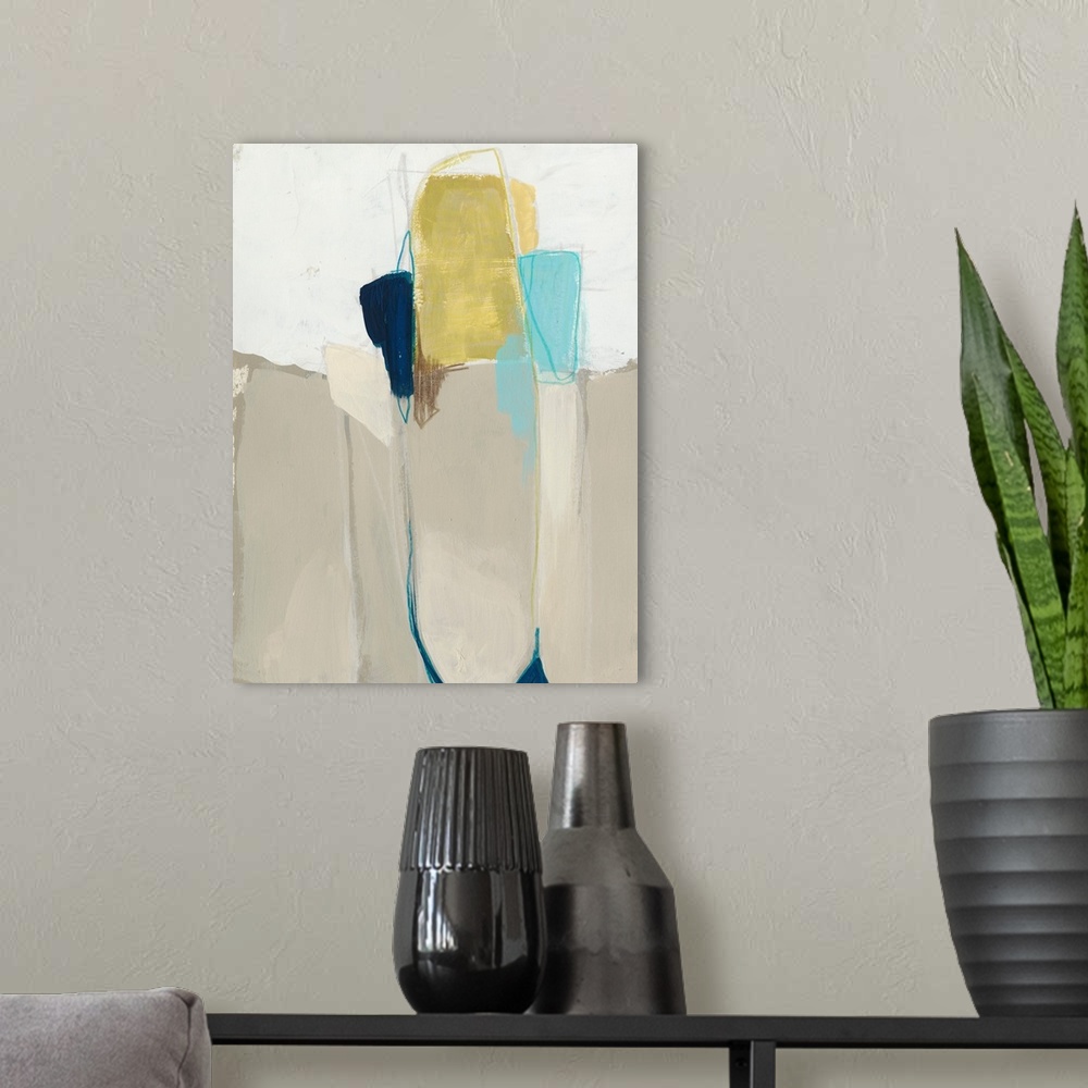 A modern room featuring Contemporary abstract painting in neutral beige surrounding gold and turquoise.