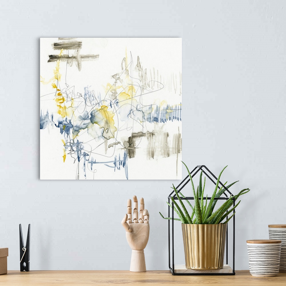 A bohemian room featuring Sketchy abstract artwork in blue and yellow on white.