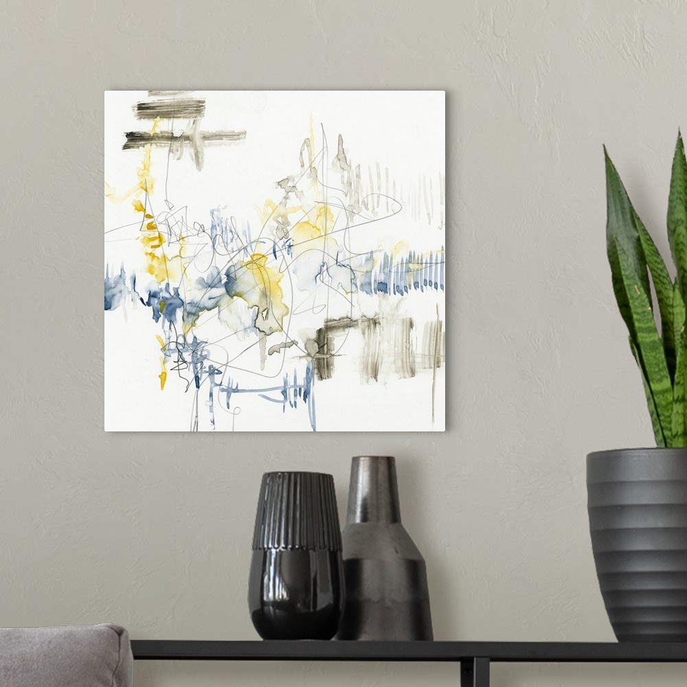 A modern room featuring Sketchy abstract artwork in blue and yellow on white.