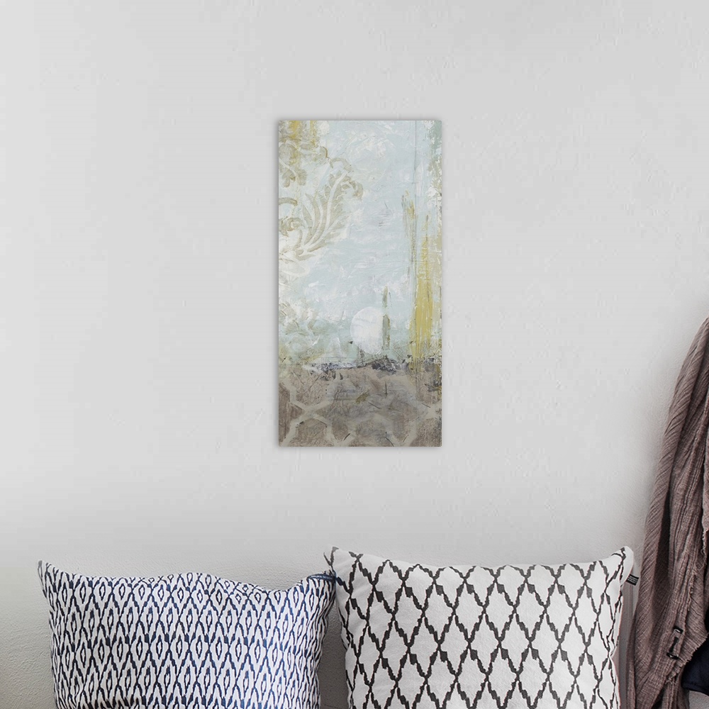 A bohemian room featuring Contemporary abstract art using patterns and soft earth tones.