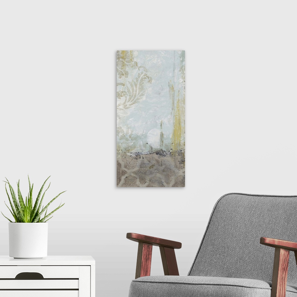 A modern room featuring Contemporary abstract art using patterns and soft earth tones.