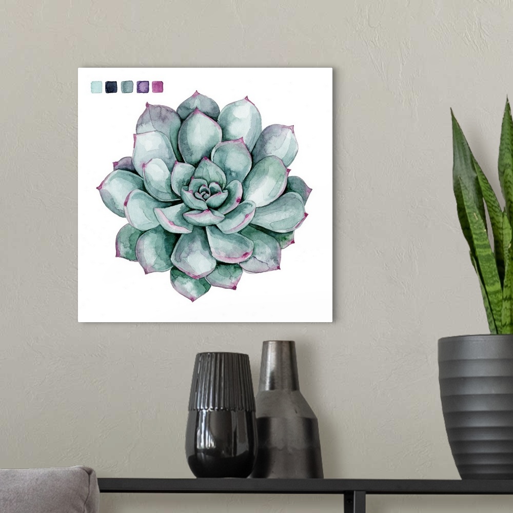 A modern room featuring Artwork of a succulent plant with color swatches in the corner.